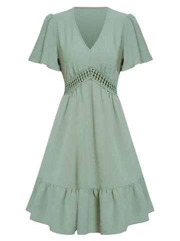 Women's summer V-neck solid color waist cinching dress