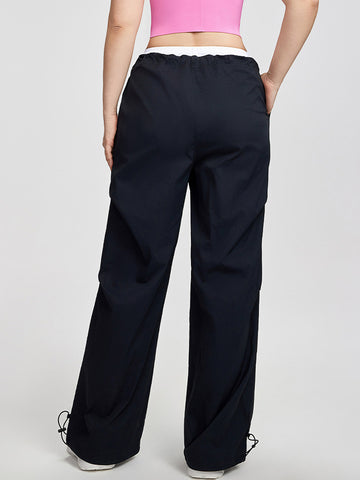 Women's pants high waisted loose straight tube drawstring pocket for sports and leisure, outdoor hiking and mountaineering