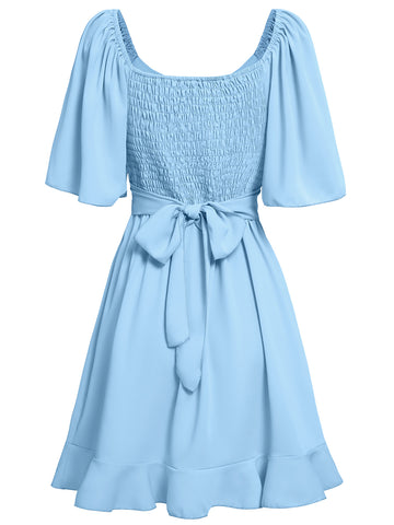 Women's summer V-neck solid color waist cinching dress
