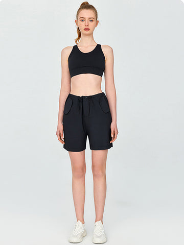 Women's sports shorts with loose drawstring pockets, yoga five quarter pants, outdoor running and fitness cycling pants