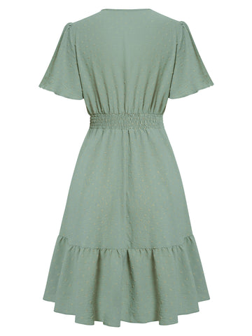 Women's summer V-neck solid color waist cinching dress