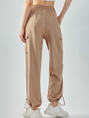 Women's pants high waisted loose straight tube drawstring pocket for sports and leisure, outdoor hiking and mountaineering