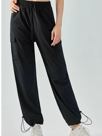 Women's pants high waisted loose straight tube drawstring pocket for sports and leisure, outdoor hiking and mountaineering