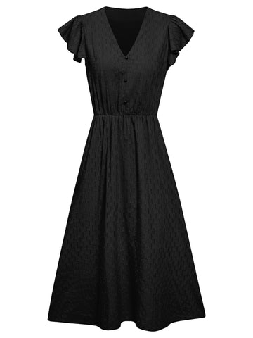 Women's summer V-neck solid color waist cinching dress